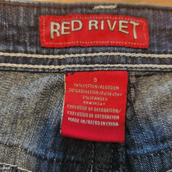 Red Rivet Jeans Embroidered Rhinestone Pockets Stretch Dark Blue Size 9 EUC - Picture 9 of 12